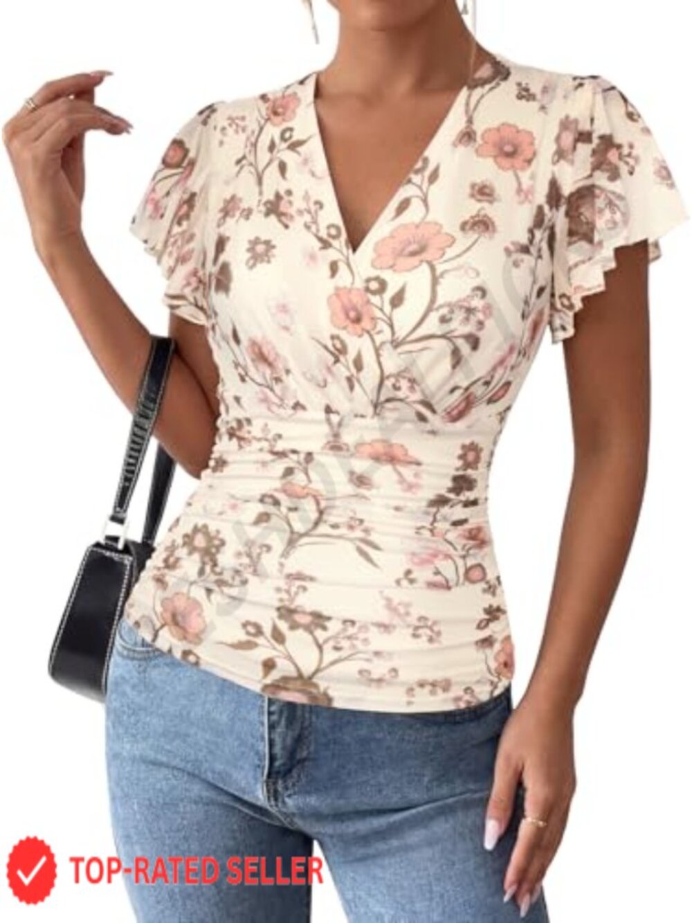 Womens Mesh Wrap Top Ruched Waist Ruffle Sleeve Boho Blouse
